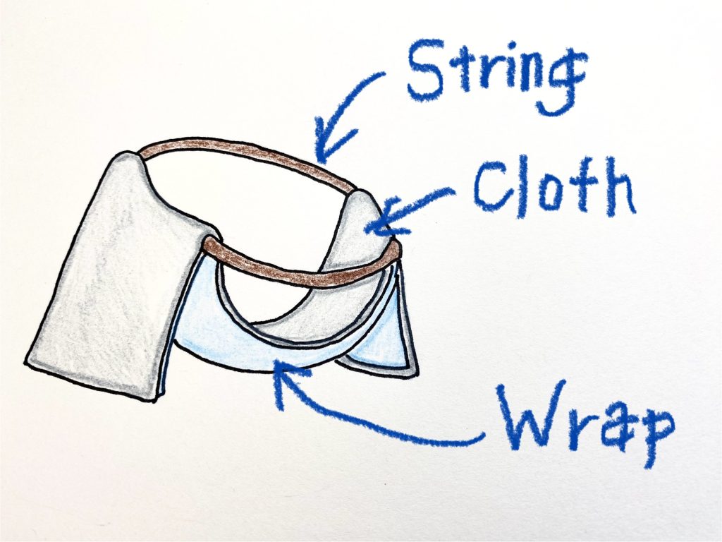 DIY diaper from string, plastic wrap, and fabric.